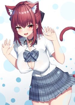 1girl absurdres animal_ear_fluff animal_ears bell black_choker bow bowtie breasts button_gap buttons cat_ears cat_girl cat_tail choker cleavage collared_shirt grey_bow grey_bowtie grey_skirt heterochromia highres hololive houshou_marine medium_hair nai_(cnoadi8) neck_bell plaid_bow plaid_bowtie plaid_clothes plaid_skirt red_eyes red_hair school_uniform shadow shirt skirt solo tail virtual_youtuber white_shirt yellow_eyes