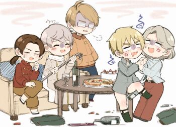 5boys ahoge alcohol america_(hetalia) anger_vein angry axis_powers_hetalia belt black-framed_eyewear black_belt black_shoes blank_eyes blonde_hair blue_pants blush_stickers boots bottle bottomless brown_boots brown_hair brown_pants brown_shoes cake chibi chibi_only china_(hetalia) chinese_clothes clenched_hand closed_eyes coat collared_shirt commentary_request couch crossed_legs cup drinking_glass drooling drunk false_smile fighting food france_(hetalia) fruit full_body fur-trimmed_jacket fur_trim garter_belt glasses green_socks grey_coat grey_hair grey_shirt hand_up hands_in_pockets hands_up holding holding_another's_wrist holding_bottle holding_lead_pipe jacket lead_pipe long_hair long_sleeves looking_at_another low_ponytail male_focus mandarin_collar multiple_boys navel no_shoes on_couch open_mouth orange_jacket pants pillow pizza plate ponytail puffy_long_sleeves puffy_sleeves pukapuka0506 red_pants red_shirt russia_(hetalia) scarf semi-rimless_eyewear shirt shoes short_hair simple_background sitting smile smoke socks standing standing_on_one_leg star_(symbol) star_print strawberry sweatdrop table united_kingdom_(hetalia) v-shaped_eyebrows white_background white_scarf white_shirt white_socks wine wine_glass wing_collar