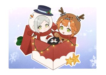 Rule 34 | 2girls, :d, adversarial noise, animal costume, black hat, blue background, boater hat, border, box, carbuncle (reverse:1999), chibi, commentary, english commentary, gradient background, green eyes, grey eyes, hat, highres, in box, in container, klaukezia, mittens, multiple girls, open mouth, orange hair, red hat, red mittens, reindeer costume, reverse:1999, santa hat, smile, snowflake background, snowman costume, sonetto (reverse:1999), star (symbol), vertin (reverse:1999), white border