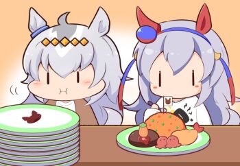 Rule 34 | 2girls, :i, animal ears, blue hairband, blush stickers, brown background, brown jacket, carrot, chibi, closed mouth, eating, food, food art, fried rice, gomashio (goma feet), gradient background, grey hair, hair between eyes, hairband, hamburger steak, horse ears, horse girl, horse tail, jacket, long hair, multicolored hair, multiple girls, oguri cap (umamusume), okosama lunch, open clothes, open jacket, plate, shirt, shrimp, shrimp tempura, tail, tako-san wiener, tamamo cross (umamusume), tempura, two-tone hair, umamusume, upper body, white background, white hair, white shirt, | |