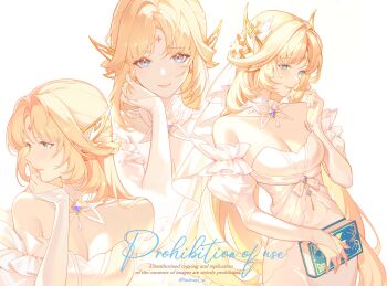 3girls absurdres bare_shoulders blonde_hair blue_eyes book breasts bridal_gauntlets cleavage collarbone commentary detached_collar detached_sleeves dress english_commentary flower from_side gem genshin_impact hair_flower hair_ornament hand_in_own_hair hand_on_own_chin highres holding holding_book large_breasts long_hair looking_at_viewer minzu_u multiple_girls nicole_(genshin_impact) profile puffy_sleeves purple_gem simple_background straight-on upper_body veil white_background white_dress white_flower white_sleeves white_veil