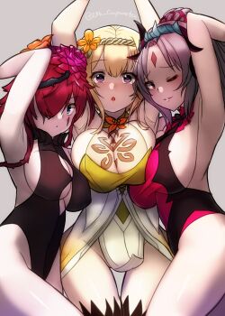 3girls absurdres armpits arms_up blonde_hair blue_eyes blush breasts cleavage cleavage_cutout clothing_cutout facial_mark female_focus fire_emblem fire_emblem_heroes flower gupunetsu hair_flower hair_ornament hair_over_one_eye highres large_breasts leotard long_hair looking_at_viewer multiple_girls nintendo no_panties one_eye_closed open_mouth parted_lips peony_(fire_emblem) plumeria_(fire_emblem) pointy_ears ponytail purple_eyes purple_hair red_eyes red_hair short_hair sideboob smile triandra_(fire_emblem) underboob wink