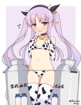 1girl absurdres animal_ears animal_print bell bikini blush cow_ears cow_print cow_print_bikini cowbell elf highres horns kuroha_koudai kyoka_(princess_connect!) long_hair navel pointy_ears princess_connect! print_bikini purple_hair solo swimsuit thighhighs twintails variant_set very_long_hair
