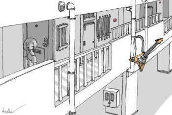 Rule 34 | 1girl, absurdres, apartment, commentary, electric guitar, greyscale, guitar, highres, instrument, kaduise, monochrome, original, oversized clothes, oversized shirt, shirt, short hair, short sleeves, signature, sitting, spot color, wide shot