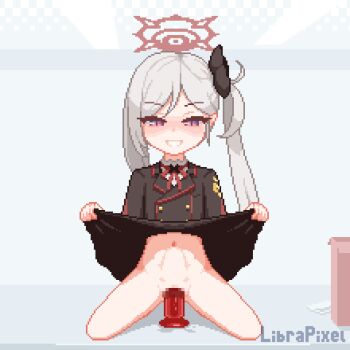 1girl animated animated_gif blue_archive bottomless bow censored dildo hair_bow librapixel loli masturbation military_uniform mutsuki_(blue_archive) pixel_art sex_toy smug stomach_bulge white_hair