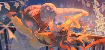 1boy 1girl artist_name black_sweater blue_sky brown_hair building city closed_eyes coat commentary couple dancing earmuffs english_commentary fingerless_gloves fireworks floating_clothes floating_hair fur-trimmed_coat fur_trim gloves gradient_sky hair_between_eyes hand_around_waist happy hetero highres holding_hands hood hooded_coat lantern long_hair long_sleeves looking_at_another looking_down love_and_deepspace mian_spnoodle new_year night night_sky open_clothes open_coat open_mouth orange_coat outdoors peril protagonist_(love_and_deepspace) puffy_long_sleeves puffy_sleeves purple_eyes purple_sky red_gloves red_scarf scarf short_hair sky smile star_(symbol) sweater teeth turtleneck turtleneck_sweater upper_body watermark white_coat white_hair winter xavier_(love_and_deepspace)