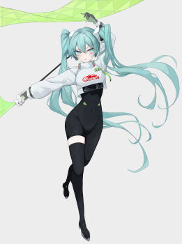 1girl absurdres aqua_eyes aqua_hair asymmetrical_legwear black_bodysuit black_gloves black_thighhighs bodysuit commentary_request covered_navel eikawa_suru flag full_body gloves goodsmile_company goodsmile_racing grey_background hair_between_eyes hair_ornament hatsune_miku highres holding holding_flag jacket long_hair looking_at_viewer open_mouth racing_miku racing_miku_(2022) shadow simple_background single_thighhigh solo thighhighs twintails very_long_hair vocaloid white_jacket