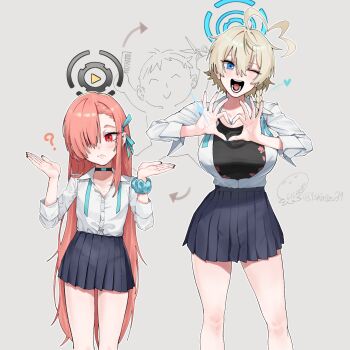 2girls ? ahoge alternate_hairstyle asuna_(blue_archive) asuna_(school_uniform)_(blue_archive) black_halo black_shirt blonde_hair blue_archive blue_eyes blue_halo blue_ribbon blue_skirt blush braid breasts choker collarbone commentary cosplay costume_switch crossed_bangs flat_chest four-finger_heart_hands hair_between_eyes hair_over_one_eye halo heart heart_hands highres huge_ahoge jjigong_chigon large_breasts long_hair looking_at_viewer multiple_girls neru_(blue_archive) neru_(school_uniform)_(blue_archive) one_eye_closed open_mouth orange_hair partially_unbuttoned pleated_skirt red_eyes ribbon scrunchie shirt short_hair side_braid skirt sleeves_rolled_up smile thighs very_long_hair white_shirt wrist_scrunchie