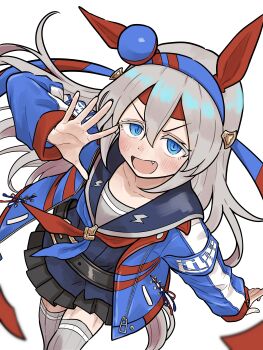 1girl absurdres animal_ears black_skirt blue_eyes blue_hairband blue_shirt blush ear_covers fang grey_hair grey_tail grey_thighhighs hair_between_eyes hairband headband highres horse_ears horse_girl horse_tail jacket lightning_bolt_print lightning_bolt_symbol long_hair long_sleeves looking_at_viewer multicolored_hairband open_mouth pleated_skirt red_headband sailor_collar school_uniform serafuku shirt skirt smile striped_clothes striped_hairband tail tamamo_cross_(umamusume) thighhighs tohu_sand two-tone_hairband umamusume very_long_hair