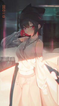 1girl absurdres alternate_costume beanie black_hair black_hat blush breasts closed_mouth clothing_cutout domi_(hongsung0819) ear_piercing ellen_joe fins fish_tail grey_shirt hand_up hat highres jewelry light_particles looking_at_viewer medium_breasts midriff necklace pants piercing red_eyes shark_girl shark_tail shirt shoulder_cutout solo sweatpants tail train zenless_zone_zero