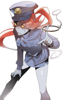 1girl absurdres bare_legs belt bent_over black_belt blue_hat blue_jacket blue_skirt blush breasts buttons chief_undyne closed_mouth collared_jacket colored_sclera colored_skin colored_teeth commentary_request cuffs deltarune eyes_visible_through_hair fang feet_out_of_frame fins frown grey_eyes grey_skin hair_over_one_eye hammpenn hand_on_own_thigh handcuffs hat head_fins high_ponytail highres holding holding_handcuffs index_finger_raised jacket long_hair long_sleeves looking_at_viewer miniskirt nail_polish nose_blush pantyhose pencil_skirt pocket police police_hat police_uniform policewoman ponytail red_hair red_nails side_slit simple_background skirt small_breasts solo standing sweatdrop twitter_username undyne utdr_(toby_fox) v-shaped_eyebrows very_long_hair white_background yellow_sclera yellow_teeth