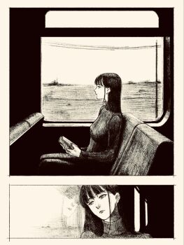 1girl black_hair black_outline blunt_bangs highres hime_cut long_hair long_sleeves looking_to_the_side original outline power_lines reflection sitting solo tp_p_pt train_interior utility_pole window
