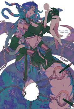 Rule 34 | 1girl, 1other, aqua hair, artist name, blue hair, breasts, chain, cleavage, closed eyes, doshaburi (kushira), earrings, extra arms, fang, giant, giantess, highres, holding, jewelry, lamia, large breasts, monster girl, multicolored hair, navel, open mouth, original, pelvic curtain, pencil, pointy ears, simple background, smile, snake hair, snake tail, tail