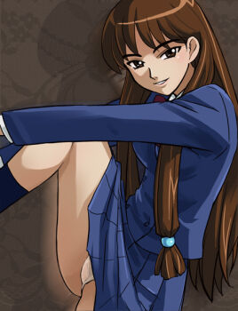 1girl black_socks blazer brown_hair dual!_parallel_trouble_adventure female_focus haruyama_kazunori jacket leg_hold leg_lift leg_up light_smile looking_at_viewer panties pantyshot pleated_skirt sanada_mitsuki school_uniform skirt socks solo underwear white_panties