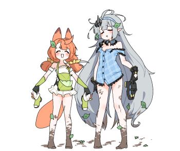 2girls ahoge ahoge_wag animal_ears animated animated_gif ann_(stella_sora) apron bag barefoot black_gloves black_shoes blue_dress blush breasts cleavage closed_eyes commentary detached_collar dirty dirty_feet dress dthmns ear_wiggle expressive_hair female_tyrant_(stella_sora) flat_chest fox_ears fox_girl fox_tail frilled_dress frilled_gloves frills full_body gloves green_apron green_gloves green_shoes grey_hair hair_ribbon height_difference holding holding_shoes holding_unworn_clothes korean_commentary leaf leaf_on_head long_hair messy_hair mud multiple_girls open_mouth orange_hair pointy_ears ribbon satchel shoes simple_background sleeveless sleeveless_dress small_breasts smile standing stella_sora strap_slip tail tail_wagging tyrant_(stella_sora) unworn_shoes very_long_hair white_background white_dress yellow_ribbon