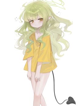1girl absurdres blue_archive brown_eyes closed_mouth commentary_request demon_tail dokomon feet_out_of_frame green_hair halo highres hikari_(blue_archive) korean_commentary long_hair long_sleeves looking_at_viewer messy_hair pointy_ears shirt simple_background solo standing tail very_long_hair white_background wide_sleeves yellow_shirt