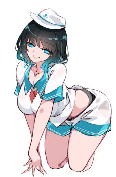 Rule 34 | 1girl, absurdres, all fours, anchor hat ornament, black hair, black panties, blue eyes, breasts, closed mouth, collarbone, commentary, hat, hat ornament, highres, looking at viewer, medium breasts, medium hair, murasa minamitsu, panties, panty peek, raptor7, sailor collar, sailor hat, see-through clothes, shirt, short sleeves, shorts, smile, solo, symbol-only commentary, thighs, touhou, underwear, white background, white shirt, white shorts