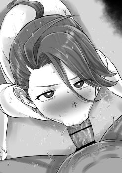 1boy 1girl :&gt;= absurdres androgynous bar_censor blush bright_pupils censored completely_nude ear_piercing earrings erection fellatio from_above grey_background greyscale hair_between_eyes highres jewelry kaiman_garupan kneeling long_hair looking_at_viewer looking_up low_ponytail monochrome motion_lines nintendo nose_blush nude oral penis piercing pokemon pokemon_sv ponytail pov reverse_trap rika_(pokemon) sweat swept_bangs triangle_earrings very_long_hair white_pupils