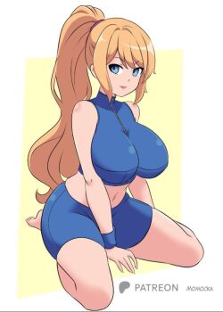 1girl arm_support barefoot blonde_hair blue_eyes blue_shirt blue_shorts breasts large_breasts long_hair looking_at_viewer metroid midriff momocka-art navel nintendo ponytail samus_aran shirt shorts sitting sleeveless sleeveless_shirt white_background wristband