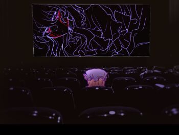 1girl ascot blonde_hair blood bloody_tears chair chinese_commentary closed_mouth commentary_request frills hat highres long_hair maribel_hearn mob_cap movie_theater open_mouth oriharareimu partial_commentary puffy_short_sleeves puffy_sleeves screen short_sleeves sitting sleeve_garter touhou white_hat