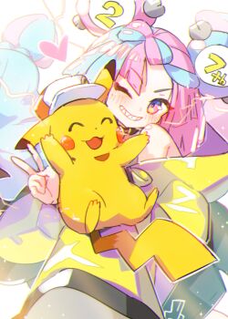1girl blue_vert gen_1_pokemon iono_(pokemon) multicolored_hair nintendo one_eye_closed pikachu pikachu_tail pokemon pokemon_sv pokemon_tail tail