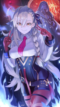 1boy 1girl asymmetrical_bangs azrael_(grand_assassin)_(fate) black_skirt breasts collared_shirt commentary_request earrings fate/grand_order fate_(series) gloves grey_hair hair_ribbon harnetyss high-waist_skirt highres hoop_earrings horns jewelry large_breasts long_hair long_sleeves looking_at_viewer necktie olga_marie_animusphere olga_marie_animusphere_(unbeast) orange_eyes pantyhose pencil_skirt red_gloves red_pantyhose ribbon shirt single_horn skirt smile tearing_up thighs white_shirt