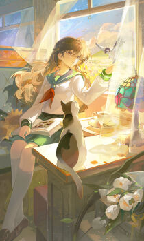 1girl absurdres baofandxy bird book bouquet bread brown_eyes brown_hair brown_shoes cat cloud commission cup curtains flower food green_sailor_collar green_skirt hair_between_eyes highres higurashi_kagome indoors inuyasha kneehighs lamp loafers long_hair looking_outside mihuashi_commission mug neckerchief object_on_lap open_book parted_lips plate red_neckerchief sailor_collar school_uniform serafuku shirt shoes sitting skirt sky socks solo sparkle sunflower table white_flower white_shirt white_socks window yellow_flower
