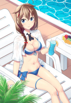 1girl absurdres bikini blue_bikini blue_eyes braid breasts brown_hair brown_hat chair cleavage collared_shirt commentary_request dress_shirt drink feet_out_of_frame food front-tie_bikini_top front-tie_top fruit hair_flaps hair_over_shoulder hat highres kantai_collection kiryu_naoto long_hair lounge_chair medium_breasts official_alternate_costume poolside shigure_(kancolle) shigure_kai_san_(kancolle) shigure_kai_san_(swimsuit)_(kancolle) shirt side-tie_bikini_bottom single_braid sitting solo swimsuit table thigh_strap white_shirt