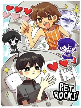 >_o 5boys alternate_costume alternate_eye_color antenna_hair arm_up barefoot black_eyes black_hair black_shirt black_shorts black_socks black_tank_top blush brown_eyes brown_hair checkered_clothes chibi collared_shirt colored_skin commentary dark-skinned_male dark_skin double-parted_bangs dual_persona english_text hair_between_eyes heart heather_(omori) heather_jr_(omori) hector_(omori) hector_jr_(omori) highres jash_(omori) kel_(faraway)_(omori) kel_(headspace)_(omori) kel_(omori) male_focus mugi062 multiple_boys omori omori_(omori) one_eye_closed open_mouth pet_rock purple_eyes purple_hair purple_shorts shirt short_hair short_sleeves shorts smile socks striped_clothes striped_shorts sunny_(omori) symbol-only_commentary tank_top teeth two-tone_shorts upper_teeth_only vertical-striped_clothes vertical-striped_shorts white_shorts white_skin