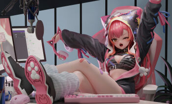 1girl 3d absurdres arms_up bandaid belt bra breasts chair headphones highres hood hoodie jacket keyboard medium_breasts nekota_tsuna one_eye_closed open_clothes open_jacket sitting solo underwear virtual_youtuber vspo!