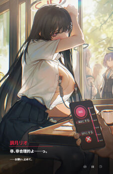 1boy 4girls absurdres black_hair black_halo black_pantyhose black_skirt blue_archive blush booth_seating breasts halo highres huge_breasts implied_vibrator indoors kryp132 long_hair looking_at_viewer multicolored_halo multiple_girls nipple_clamps nipples noa_(blue_archive) open_clothes open_shirt pantyhose pleated_skirt pov pov_hands public_indecency public_nudity red_eyes red_halo remote_control_vibrator rio_(blue_archive) sex_toy shirt shirt_tucked_in skirt translation_request two-tone_halo vibrator white_shirt window yuuka_(blue_archive)