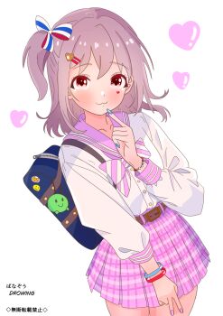 1boy :3 alternate_costume bag bead_bracelet beads belt blue_nails blush bow bowtie bracelet brown_belt brown_eyes commentary cowboy_shot crossdressing crossdressing_(mtf) diagonal-striped_bow diagonal-striped_bowtie diagonal-striped_clothes facial_mark finger_to_mouth grey_hair gyaru hair_ornament hairclip heart heart_facial_mark heart_hair_ornament highres jewelry long_hair long_sleeves looking_at_viewer male_focus mark_under_eye nail_polish one_side_up onii-chan_wa_oshimai! pa_panahana pink_sailor_collar pink_skirt plaid_clothes plaid_skirt pleated_skirt sailor_collar sailor_shirt school_bag senkawa_minato shirt simple_background skirt smile solo striped_bow striped_bowtie striped_clothes trap v white_background white_shirt