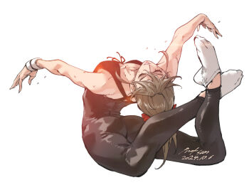 1girl arched_back ass breasts brown_hair closed_eyes contortion exercising flexible full_body highres nabipenciller original ponytail small_breasts socks solo sweat unitard