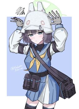 Rule 34 | 1girl, :/, bag, belt pouch, black gloves, blue archive, blue eyes, blue sailor collar, blue shirt, blue skirt, blush, breasts, closed mouth, commentary request, gloves, green halo, halo, helmet, highres, hukuro kasiwa, long sleeves, medium breasts, miniskirt, neckerchief, pleated skirt, pouch, purple hair, rabbit pose, sailor collar, saki (blue archive), school uniform, serafuku, shirt, short hair, skirt, solo, undershirt, white shirt, yellow neckerchief