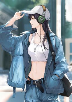1girl absurdres bag baseball_cap belt black_hair blue_jacket breasts collarbone cropped_shirt hand_in_pocket hat headphones highres jacket jewelry long_hair looking_to_the_side marumoru midriff necklace original pants shoulder_bag solo tank_top white_tank_top yellow_background