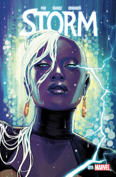 1girl black_shirt blue_background blue_eyes character_name comic_cover company_name copyright_logo copyright_name cover cover_page dark-skinned_female dark_skin earrings electricity electrokinesis english_text eye_trail jewelry light_trail logo long_hair looking_at_viewer makeup marvel official_art parted_lips portrait rain realistic runny_makeup shirt side_cut stephanie_hans storm_(x-men) teardrop_earrings water_drop western_comics_(style) wet wet_clothes wet_hair white_hair x-men