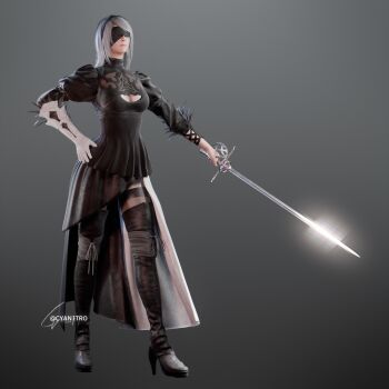 1girl 2b_(nier:automata) 2b_(nier:automata)_(cosplay) 3d absurdres adapted_costume black_hairband blender_(medium) blindfold boots color_connection company_connection cosplay crossover cyanitro feather-trimmed_sleeves final_fantasy final_fantasy_xvi full_body gloves hair_color_connection hairband high_heel_boots high_heels highres holding holding_sword holding_weapon jill_warrick long_skirt nier:automata nier_(series) single_glove skirt solo square_enix sword thigh_boots thighhighs thighhighs_under_boots weapon white_gloves