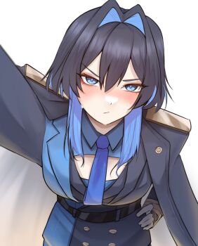 1girl belt black_belt black_hair blue_eyes blue_hair blue_necktie blush colored_inner_hair commentary from_above frown hair_between_eyes hair_intakes hand_on_own_hip highres hololive hololive_english jellyfish_cut looking_at_viewer multicolored_hair necktie nurizza_ilst official_alternate_costume official_alternate_hairstyle ouro_kronii ouro_kronii_(4th_costume) short_hair simple_background solo two-tone_hair virtual_youtuber