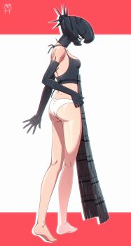 1girl absurdres apron ass barefoot bomb bomb_devil_(chainsaw_man) breasts chainsaw_man commentary explosive from_behind highres looking_at_viewer marishils mixed-language_commentary panties reze_(chainsaw_man) signature small_breasts solo underwear white_panties