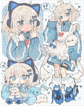 !? 1girl :3 :d :o ahoge angry animal_ear_headphones animal_ears apron bandaid bandaid_on_knee bandaid_on_leg blonde_hair blue_jacket blue_shoes blue_shorts blush_stickers bow cat_ear_headphones cat_ears chibi commentary_request commission controller fake_animal_ears fang full_body game_controller grey_bow hair_between_eyes hair_bow hair_ornament hairclip hand_up hands_up headphones heart highres holding holding_controller holding_game_controller jacket long_sleeves looking_at_viewer mooosikasite multiple_views open_mouth original shoes short_hair shorts skeb_commission skin_fang smile sneakers socks spoken_interrobang standing thigh_strap track_jacket w white_apron white_background white_socks zipper