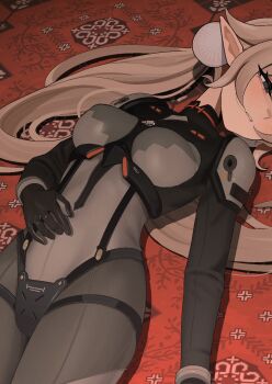 1girl blonde_hair breasts cropped grey_eyes highres kiriyaukiyoe laika_(kiriyaukiyoe) long_hair looking_to_the_side low_twintails lying mecha_pilot_suit military_uniform on_back original pointy_ears skin_tight small_breasts solo soviet twintails very_long_hair