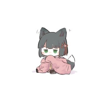 Rule 34 | 1girl, animal ears, anyoji hime, ao kaeru, black hair, blunt bangs, blunt ends, blush, bob cut, borrowed clothes, chibi, chibi only, flower, flower knot, fox ears, fox girl, fox tail, green eyes, hair flower, hair ornament, hasu no sora school uniform, highres, hood, hooded jacket, jacket, jitome, kemonomimi mode, link! like! love live!, long sleeves, love live!, momose ginko, neckerchief, open clothes, open jacket, pink flower, pink jacket, school uniform, short hair, simple background, sitting, sleeves past fingers, sleeves past wrists, solo, tail, virtual youtuber, white background, winter uniform, yellow neckerchief