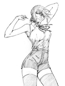 arm_behind_head armpits bare_arms bare_shoulders black_choker black_ribbon black_shorts black_thighhighs breasts chainsaw_man choker collared_shirt cowboy_shot grenade_pin greyscale hair_between_eyes hair_bun high-waist_shorts kubo_tite_(style) light_smile medium_breasts medium_hair monochrome neck_ribbon rakusakugk reze_(chainsaw_man) ribbon shirt shorts sketch sleeveless sleeveless_shirt thighhighs updo white_background white_shirt