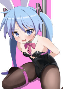 1girl animal_ears armpit_crease arms_behind_back bare_shoulders bdsm belt black_leotard blue_eyes blue_hair blush bondage bound bow bowtie breasts brown_pantyhose clothing_cutout commentary_request dot_nose feet_out_of_frame hair_ornament heart_cutout highres hiiragi_kagami implied_bondage leaning_forward leotard long_hair looking_at_viewer loose_hair_strand lucky_star necktie nicomi-chan open_mouth pantyhose pink_background pink_belt playboy_bunny pole rabbit_ears rabbit_hole_(vocaloid) red_bow red_bowtie red_necktie simple_background sitting small_breasts solo spread_legs strapless strapless_leotard stripper_pole sweatdrop thigh_belt thigh_strap tie_clip tsurime twintails very_long_hair wavy_mouth white_background