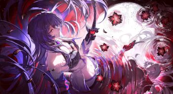 1girl absurdres acheron_(honkai:_star_rail) black_bra black_gloves bra colored_extremities commentary_request different_reflection flower gloves hair_over_one_eye highres holding holding_sword holding_weapon honkai:_star_rail honkai_(series) navel official_alternate_color partially_submerged purple_eyes purple_hair red_flower red_hands reflection solo sword underwear water weapon zzzzzm_jiangzhouzi
