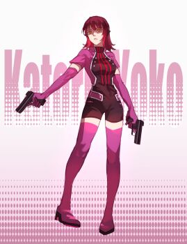 1girl breasts character_name dual_wielding elbow_gloves gloves gun hashtag-only_commentary heattech_leotard highres holding jacket katori_squad&#039;s_uniform katori_youko leotard medium_breasts purple_gloves purple_jacket purple_thighhighs red_hair solo thighhighs turtleneck weapon white_background world_trigger wu_huo_(nor020113) yellow_eyes