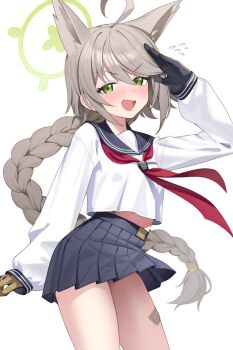 1girl ahoge animal_ears bandaid bandaid_on_leg bandaid_on_thigh blue_archive blush braid brown_hair commentary_request flying_sweatdrops fox_ears fox_girl gloves green_eyes green_halo hair_tie halo long_hair long_sleeves midriff narita_tamezou neckerchief otogi_(blue_archive) pleated_skirt red_neckerchief salute school_uniform serafuku simple_background single_braid skirt smile solo white_background