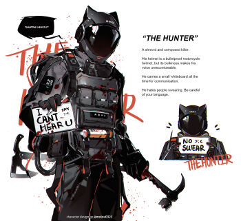 1boy animal_ear_helmet animal_ears_helmet animal_helmet axe blood cat_helmet hammer helmet highres holding holding_hammer moroo motorcycle_helmet mute original reference_sheet tactical_clothes writing
