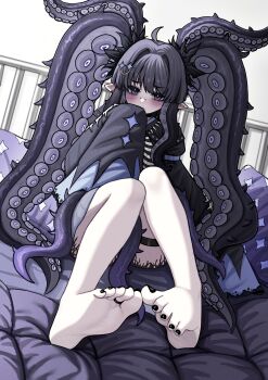 1girl absurdres barefoot black_nails commentary commission english_commentary feet highres lobsteranian nail_polish pointy_ears solo tentacles toenail_polish toenails toes