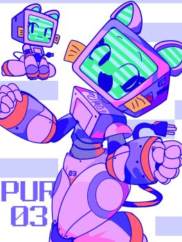 1girl :3 :d animal_ears borrowed_character cat_ears character_name commentary_request dynamic_pose electric_plug electric_plug_tail fake_whiskers highres joints looking_at_viewer mikiwo_eko53 monitor_head multiple_views open_mouth original pur_03_(fuch!) robot_girl robot_joints scanlines simple_background smile sticky_note tail white_background